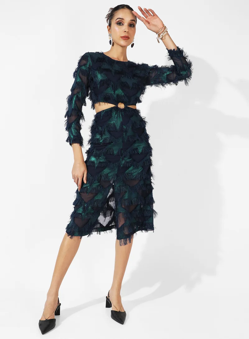 Campus Sutra  Women's Green & Blue Cutout Fringe Dress For Casual Wear | Long Sleeve | Midi Length | Dress Crafted With Comfort Fit And High Performance For Everyday Wear for Women | Best Price UAE